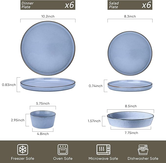 Herogo Dinnerware Sets with Pasta Bowls for 4, 16 Piece Dinner Salad Plates and Cereal Serving Bowls, Stoneware Dishes Dinner Ware for Home Kitchen, Dishwasher & Microwave Safe, Haze Blue