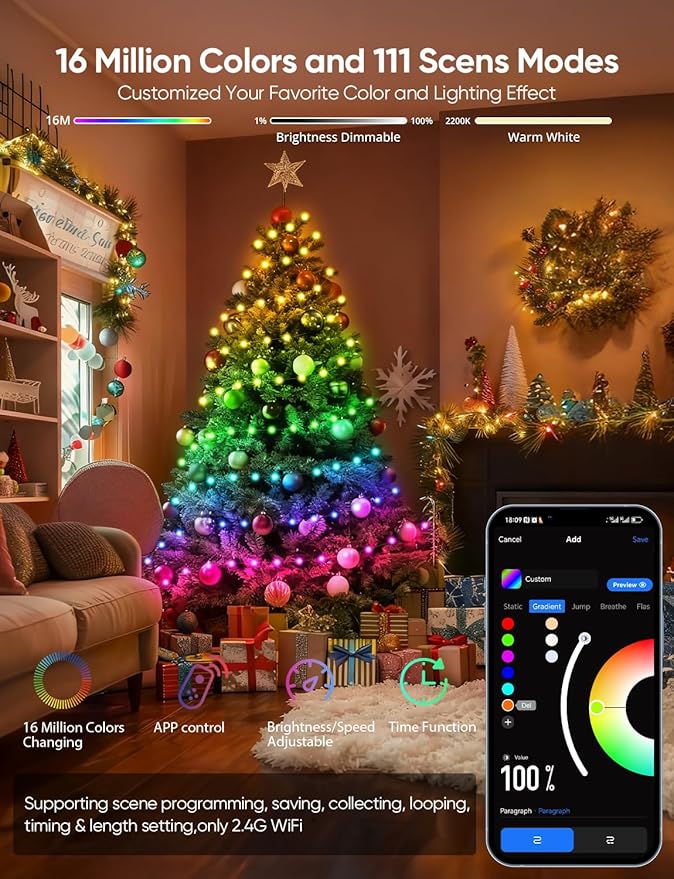 APPECK Christmas String Lights,134 FT 400 LED Outdoor String Lights, 111 Scene Modes Smart RGBW Color Changing Fairy Lights with App Controlled, Decorations String Light for Indoor, Outdoor Tree Decor