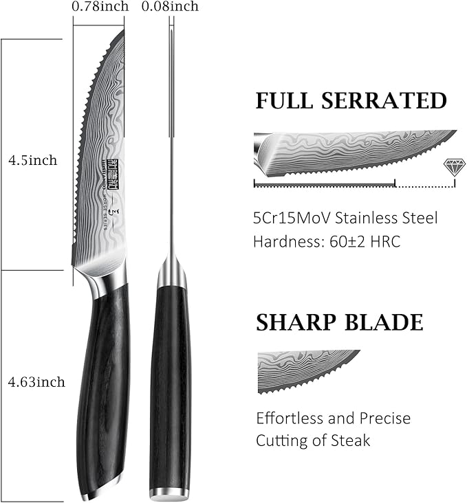Steak Knives Set of 6, 4.5 Inch Japanese Serrated Steak Knife Set, Ultra Sharp High Carbon Powder Steel Steak Knife with Pakkawood Handle