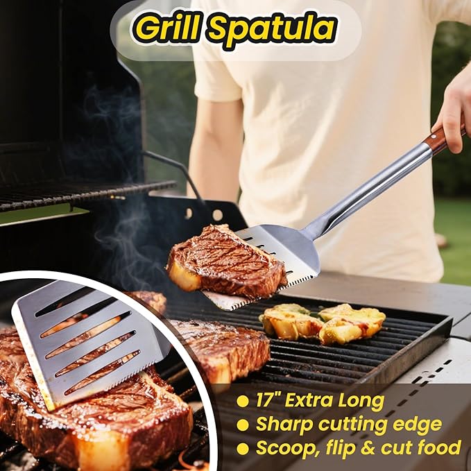 Grilling Accessories - 4Pcs Rose Wooden BBQ Grilling Tools Set, Heavy Duty Stainless Steel Barbecue Grill Tools Kit with Spatula, Clips, Brushes, Forks for Outdoor Grill, BBQ Gift for Men and Women