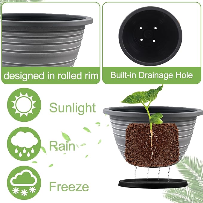 Large-Planter-Indoor-Outdoor Plant Pots, 12 inch 3 Pack Plastic Flower Pots with Saucer and Drainage Holes, Retro Antique Imitation Decorative Garden Containers Sets for Houseplant