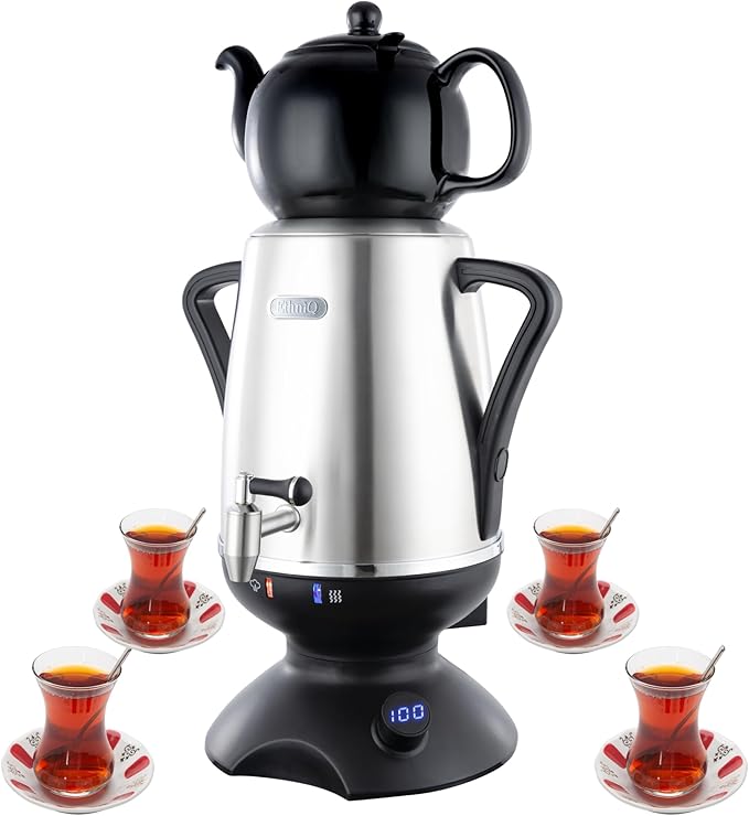 ETHNIQ - Electric Samovar | 4L Stainless Steel Tea Maker | Adjustable Temperature Controller | Boil Dry & Auto Shot-off | 1.2L Porcelain Teapot | Turkish, Persian, Russian Tea Kettle (Black)