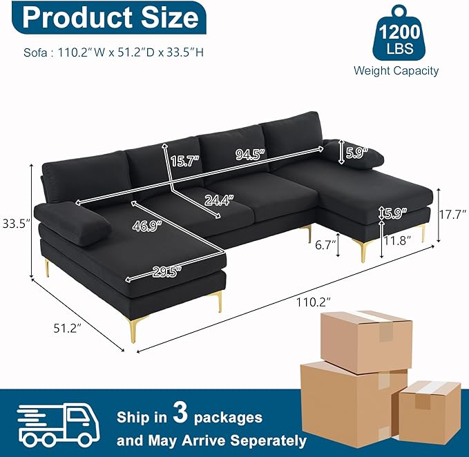 VINGLI 110" Modern U Shaped Sectional Couch with 51"D Double Chaise for Living Room, Black Deep Seat Sectional Sofa Sets with 5.9" Thickness Seating Padding for Home Furniture,Linen Fabric,Metal Legs