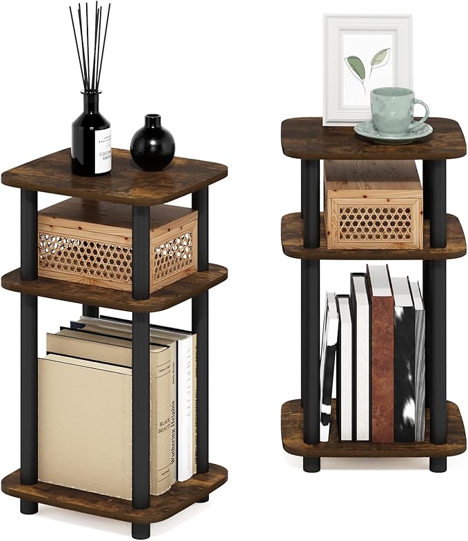 Furinno Just 3-Tier Turn-N-Tube Curve End Table, Side Table, 2-Pack, Amber Pine/Black