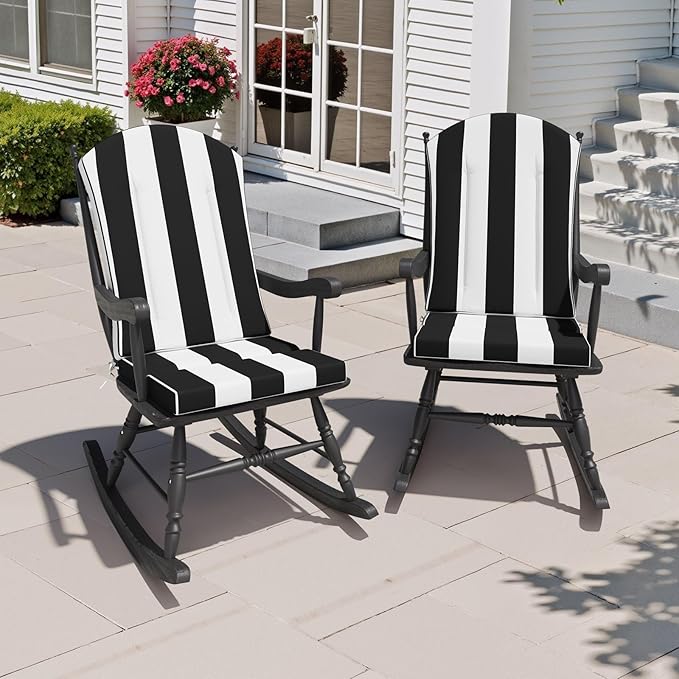 Crestlive Products 50x20 Inch Adirondack Chair Cushions Set of 2 Outdoor Rocking Chair Cushions Waterproof Fade Resistant High Back Patio Replacement Cushions, Black Stripe
