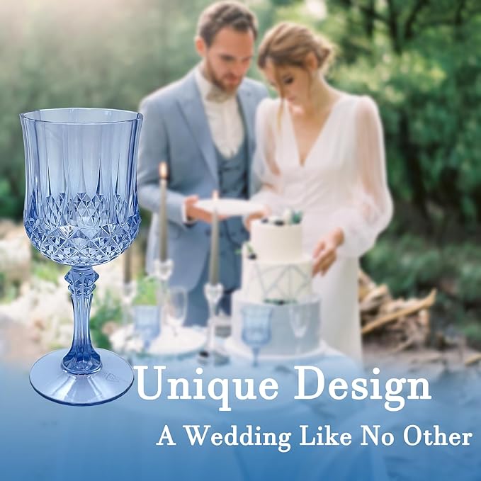 Plastic Wine Glasses，Plastic Goblets Vintage Style Cordial Drinking Glasses for Wedding Reception, Grand Event Party Supplies (12, Blue)