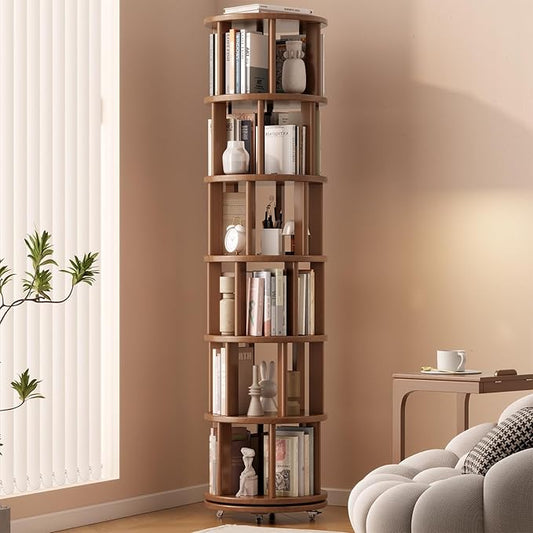 Solid Wood Rotating Bookshelf on Wheels, 6 Tier, Round Revolving Bookcase, 360° Spinning Book Shelf Tower for Kids, Narrow Rolling Bookshelves for Small Space, Corner, Bedroom, Office, Walnut