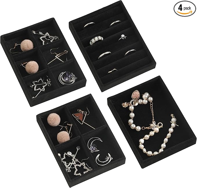 Frebeauty Small Jewelry Tray Set,Stackable Velvet Jewelry Organizer Tray,Mini Jewelry Drawer Organizer,Drawer Inserts,4.92 x 3.74 x 0.9 Inches,Earring Organizer for Women(Set 4,Black)