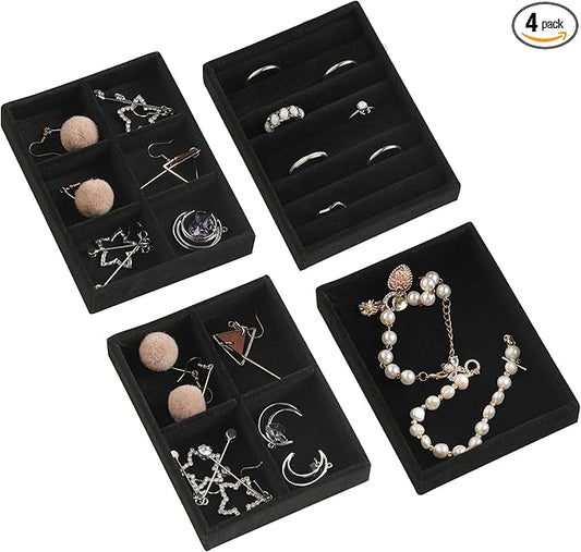 Frebeauty Small Jewelry Tray Set,Stackable Velvet Jewelry Organizer Tray,Mini Jewelry Drawer Organizer,Drawer Inserts,4.92 x 3.74 x 0.9 Inches,Earring Organizer for Women(Set 4,Black)