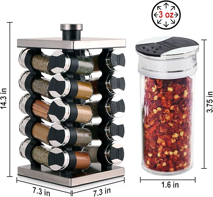 Orii 20 Jar Spice Rack with Spices Included - Tower Organizer for Kitchen Spices and Seasonings, (Silver Black)