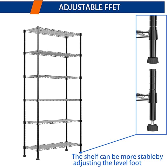 REGILLER 6-Wire Shelving Metal Storage Rack Adjustable Shelves,Standing Storage Shelf Units for Laundry Bathroom Kitchen Pantry Closet(Black,14.1" D x 30" W x 80" H)