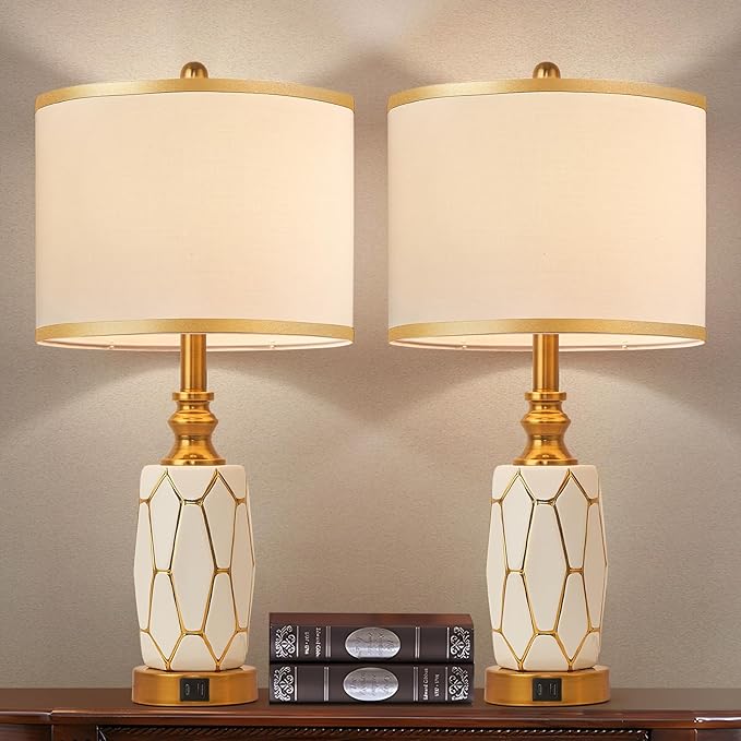 Set of 2 Touch Control Table Lamps for Bedroom Livingroom,Modern Ceramic Table Lamp with USB Ports,Bedside Nightstand Lamp with Fabric Drum Lampshade,Blubs Included (White)