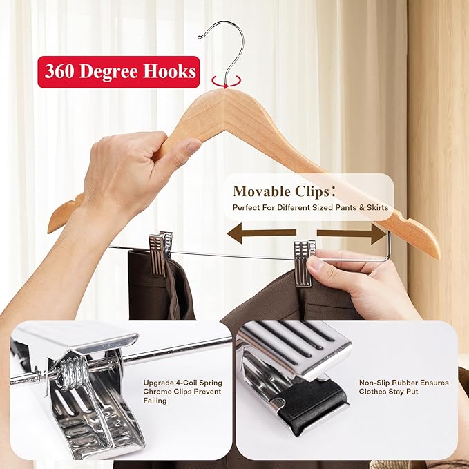 Wooden Hangers with Adjustable Heavy Duty Clips - 12 Pack Pants, Skirt, Jeans, Slacks, Shorts Hangers (Natural)