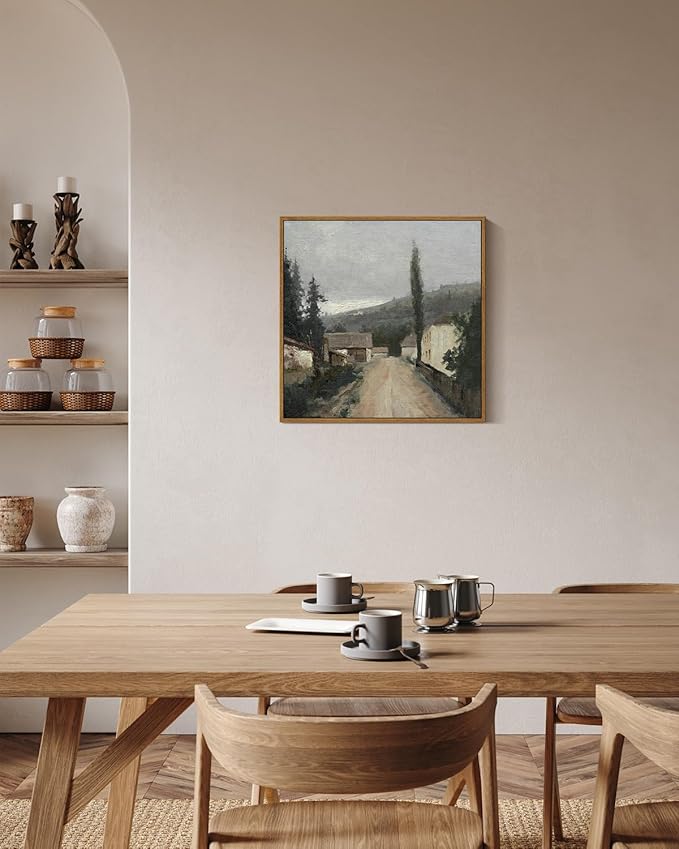 InSimSea Square Framed Canvas Wall Art, Vintage Village Paintings, Rustic Scenery Wall Pictures for Bedroom Bathroom Living Room, Canvas Prints Artwork, Home Retro Decor 16"x16"