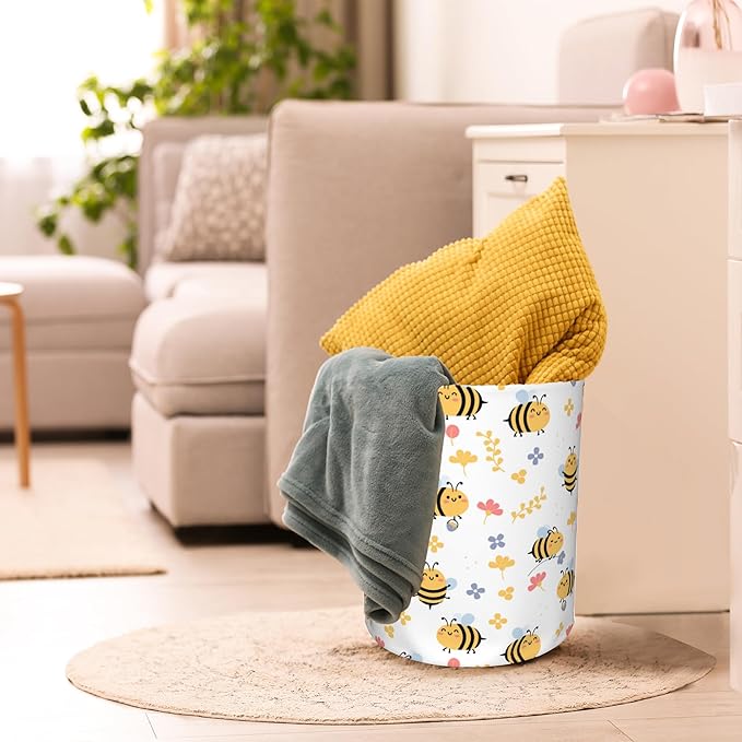 Flying Bees and Flower Laundry Basket,Waterproof Foldable Laundry Hamper,Dirty Clothes Laundry Basket, Linen Bin Storage Organizer for Toy Collection 16" x 20"