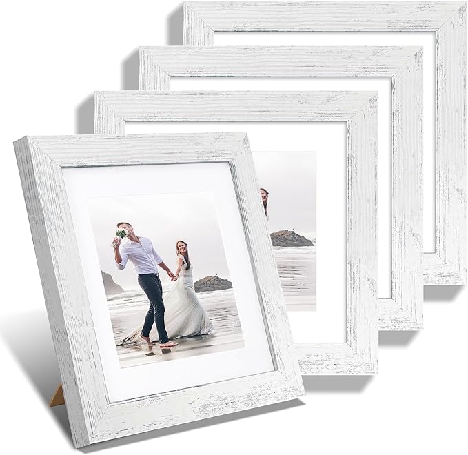 8x8 Picture Frames Set of 4 with Real Glass, Distressed White Frame Display 6x6 Pictures with Mat or 8 x 8 Without Mat, Wood Square Photo Frame for Wall Mount and Tabletop Display