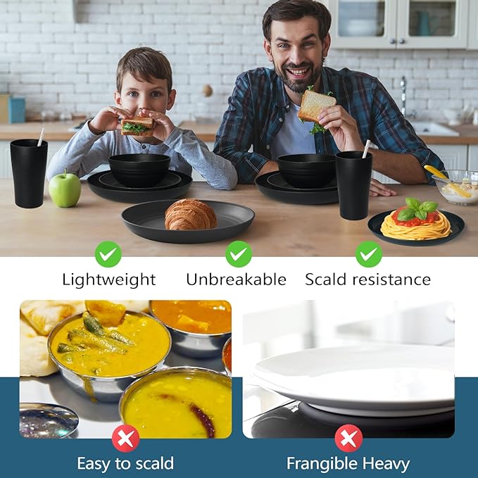 Teivio 88-Piece Kitchen Plastic Wheat Straw Dinnerware Set, Service for 8, Dinner Plates, Plates and Bowls Sets,Pasta Bowls,Cups, Flatware, Dishwasher Safe, Unbreakable Outdoor Camping Dishes, Black