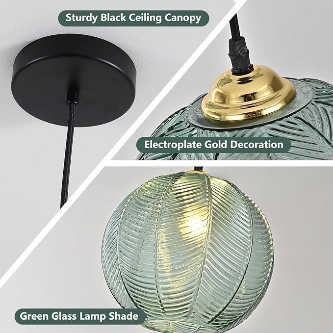 KCO Lighting Single Green Glass Pendant Light Large Globe Pendant Lighting Nordic Ribbed Ceiling Hanging Chandelier Light Vintage Dining Room Kitchen Island Light Fixture