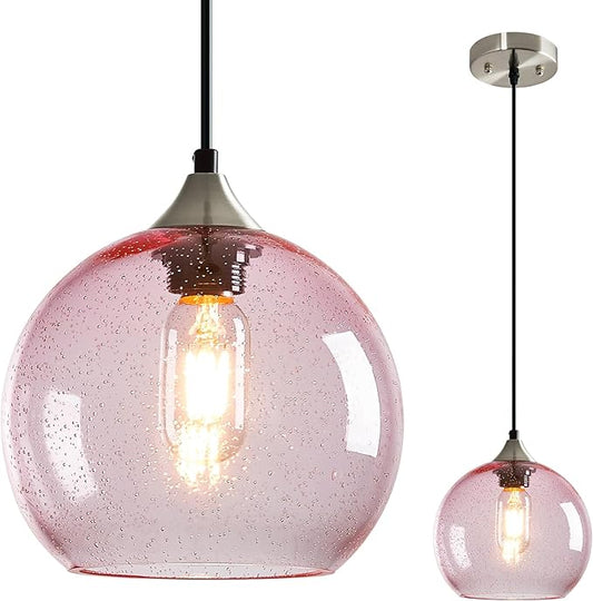 Pink Glass Pendant Lights Kitchen Island Lighting Globe Pendant Light Fixtures Modern Pendant Lighting for Bedroom Living Dining Room Light Fixture (7.87 in, 1 Pack)