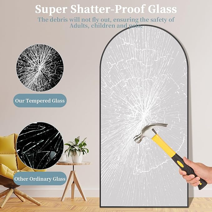 Full Length Mirror with Stand, 72"x44" Arched Full Body Mirror, Large Stand Up Aluminum Frame Floor Freestanding Hanging Leaning Mounted for Bedroom Living Room Entryway Black