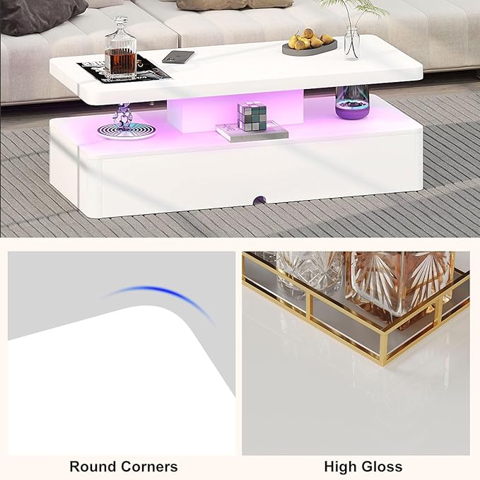 MXV Modern Coffee Table, 47 Inches Coffee Tables with 16 Colors LED Lights, 2 Tier Rectangular Center Table, Large Storage Space, High Glossy Wooden Tea Table for Living Room, Bedroom, Office, White