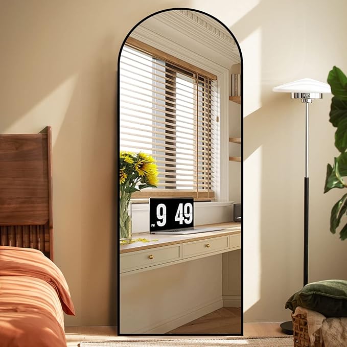 Koonmi Arched Full Length Mirror, 64"x21" Black Standing Hanging or Leaning Full Body Mirror with Aluminum Alloy Frame for Living Room and Bedroom