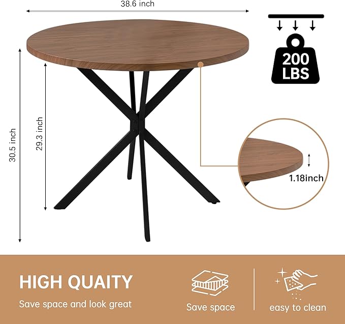 DKLGG Round Dining Table, 39" Mid-Century Modern Round Kitchen Table for 4-5 People, w/1.18" Thickness Tabletop & Black Metal Legs Leisure Table for Kitchen Dining Restaurant Furniture