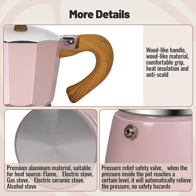 3 Cup Aluminum Moka Pot Classic Stovetop Espresso Coffee Maker 150ml 5oz Coffeemaker Percolator Mocha Pot Greca Coffee Maker Cafe Makers for Italian and Cuban Café Brewing Pink