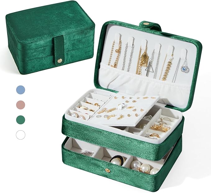 Velvet Small Jewelry Box for Women Girls, Double Layers Travel Portable Jewelry Case for Ring, Pendant, Earring, Necklace, Bracelet Organizer Storage Holder Boxes, Green