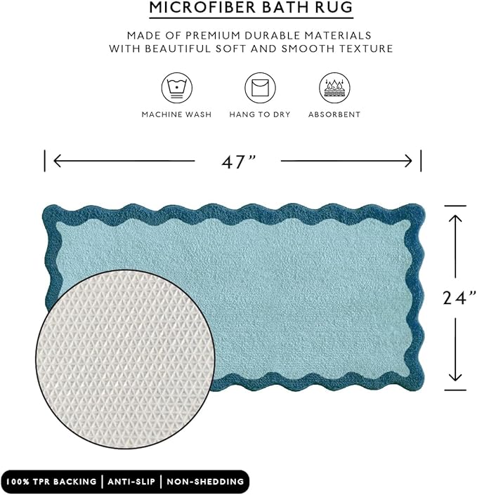 MONDAY MOOSE Bath Mat with Scalloped Wavy Ripple Design, Microfiber Absorbent Non Slip Tufted Rug for Floor, Shower or Kitchen (24x47 inch, Blue)