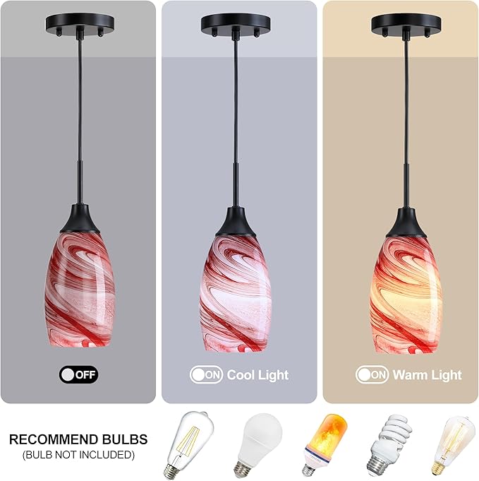 Mini Glass Pendant Light 4.72" with Handblown Burgundy Marble Art Glass Hanging Light 3-Pack Oval Ceiling Hanging Light Fixture for Dining Room Kitchen Island Cafe Foyer Hallway
