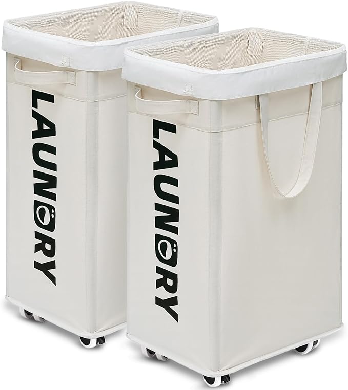 Goodpick Laundry Baskets with Wheels and Handle, 2-Pack 75L Collapsible Laundry Baskets, Clothes Laundry Basket with Removable Wash Bags for Corner Dorm, White Rolling Laundry Hamper