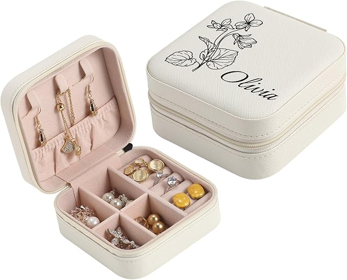 Personalized Jewelry Boxes for Women, Custom Travel Jewelry Case with Name and Birth Flower Month, Portable Jewelry Box Organizer for Mom Birthday Gifts (Not customizable)