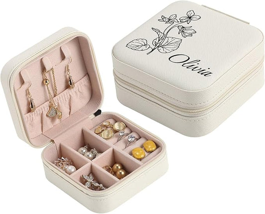 Personalized Jewelry Boxes for Women, Custom Travel Jewelry Case with Name and Birth Flower Month, Portable Jewelry Box Organizer for Mom Birthday Gifts (Not customizable)