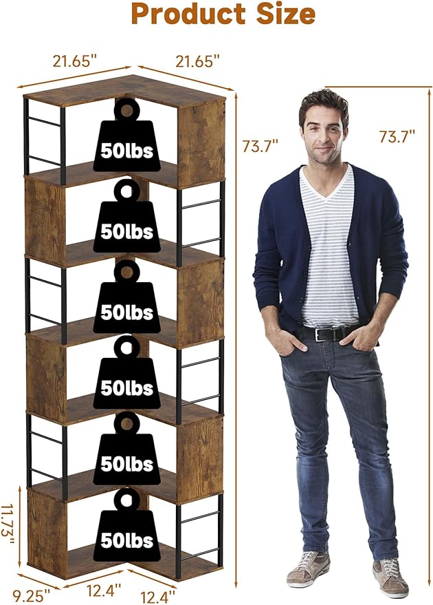 Baoz 7-Tier Corner Shelf- L Shape Corner Bookshelf with Storage- Wood Metal Bookcase Open Floor Stand Shelf Tall Decorative Display Storage Organizer in Living Room/Bedroom/Home/Office (Rustic Brown)