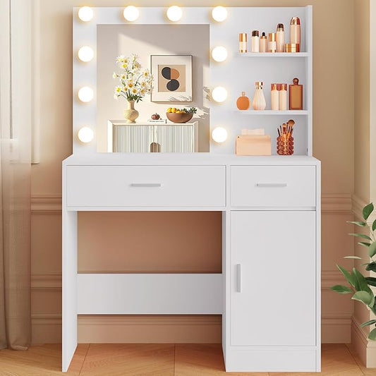 Lighted Makeup Vanity Desk, 35.4“W x 15.7'”D x 54“H, White (with Lights and Mirror, Dimming Function, 2 Drawers and 1 Cabiniet, Open Shelves) by Boahaus