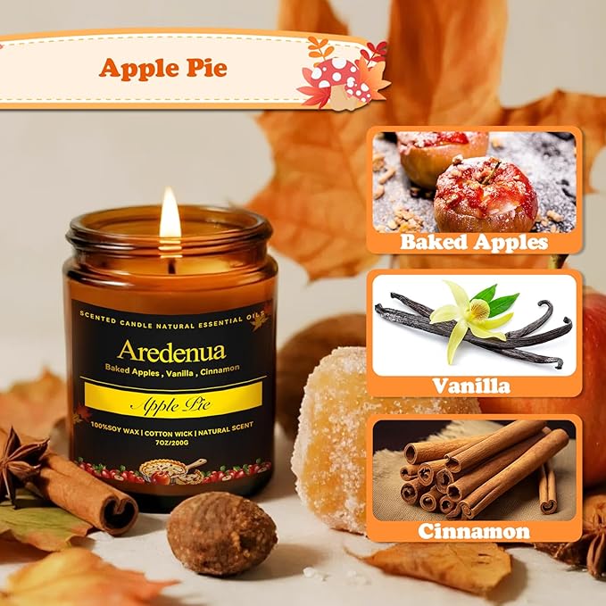 Fall Candle - Apple Pie Candle | Autumn Scented Candles for Home, 7oz Apple Soy Candles for Home Scented, 50 Hours Burn Time, Harvest Holiday/Halloween/Thanksgiving Fall Gifts for Women Men