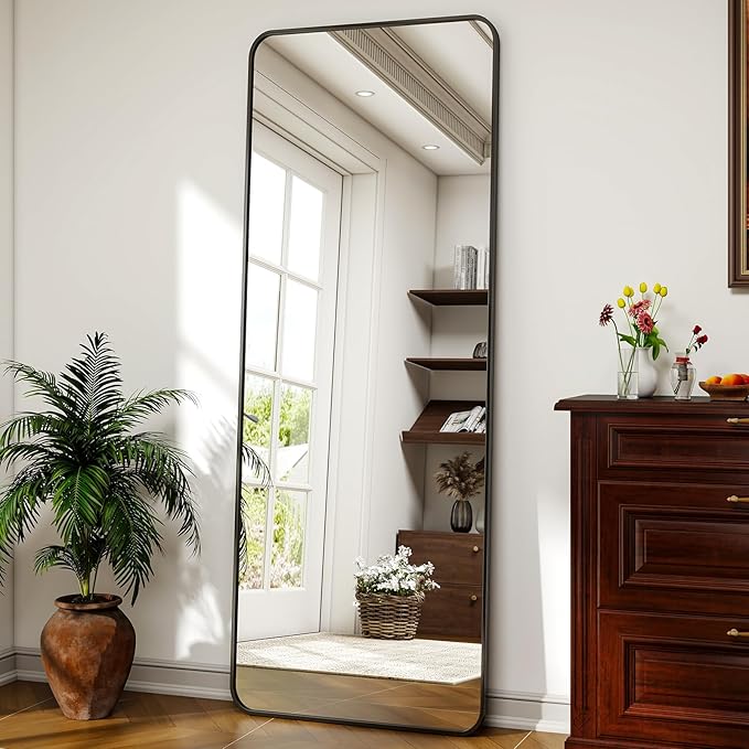 Round Corner Mirror Full Length, 16" x 59" Floor Mirror with Stand, Matte Aluminum Alloy Frame Full Body Mirror, Standing Hanging or Leaning for Bedroom and Living Room, Black