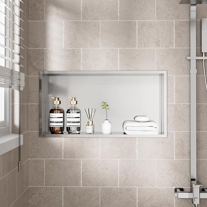 POPFLY 24X12 Inch Shower Niche Shelf, Brushed Nickel Shower Niche Stainless Steel, No Tile Needed Bathroom Storage Shelfs Recessed Wall Niche