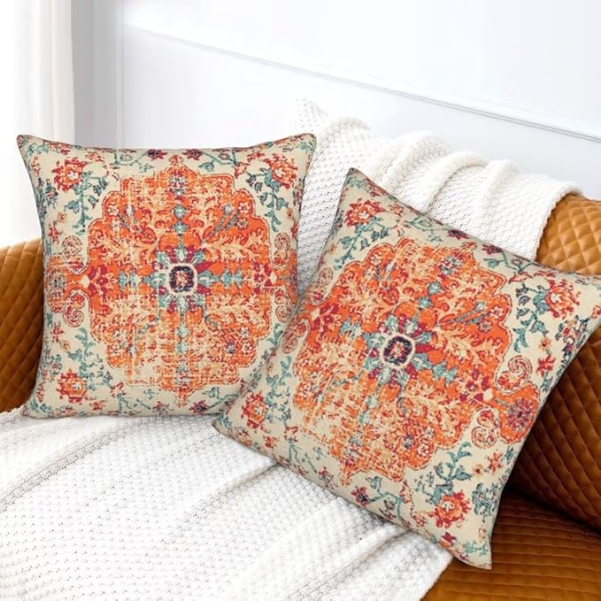Boho Throw Pillow Covers 16 x 16 Set of 2, Orange Blue Carpet Pattern Pillow Covers Ethnic Design Rustic Farmhouse Cushion Cases Linen Decorative Gifts for Couch Sofa Indoor Outdoor
