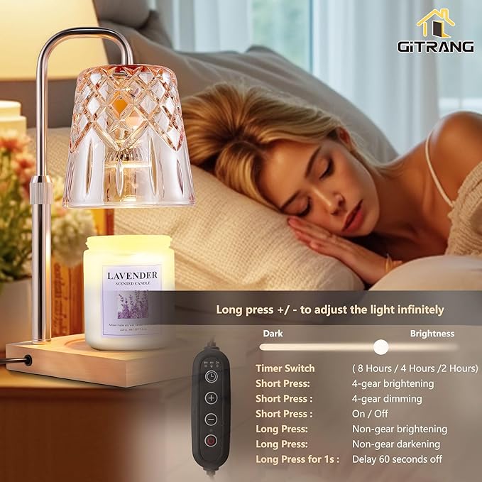 Candle Warming Lamp with Timer Dimmer, Adjustable Height Electric Wax Melt Warmer for Jar Candles with 3 Bulbs, Mother's Day Women's Home Decor Gift, Square Base with Champagne Color Pole