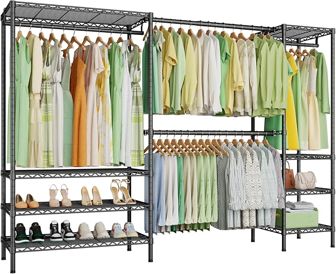 Ulif E11 Heavy-Duty Garment Rack, Metal Freestanding Clothes Rack and Closet Storage Organizer System with 8 Shelves and 4 Hanger Rods, (73.2 - 97.6)"W x 14.5"D x 71.2"H, Load 1034 LBS, Black