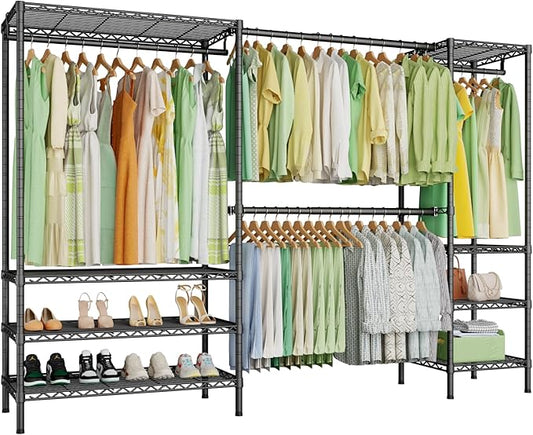 Ulif E11 Heavy-Duty Garment Rack, Metal Freestanding Clothes Rack and Closet Storage Organizer System with 8 Shelves and 4 Hanger Rods, (73.2 - 97.6)"W x 14.5"D x 71.2"H, Load 1034 LBS, Black