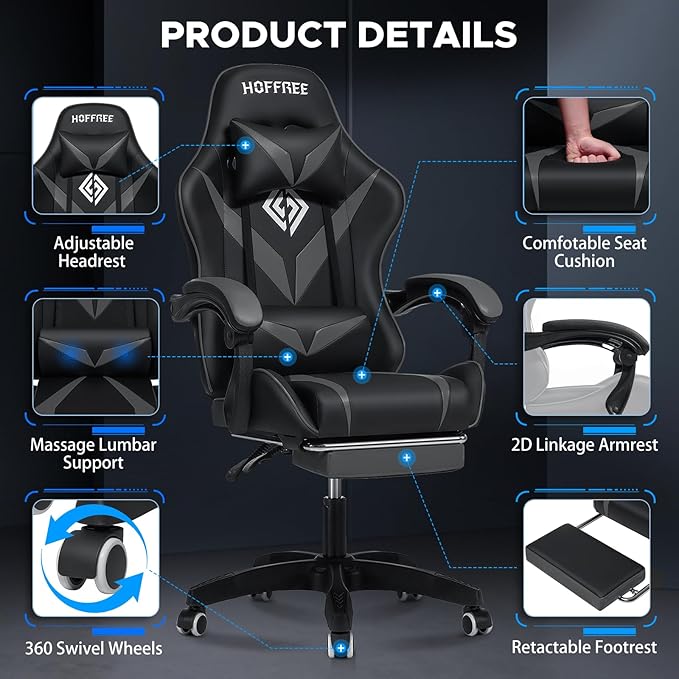 HOFFREE Massage Gaming Chair for Kids Computer Gamer Chair with Footrest and Lumbar Support Reclining PC Game Chair with Headrest for Gaming Room Gray and Black