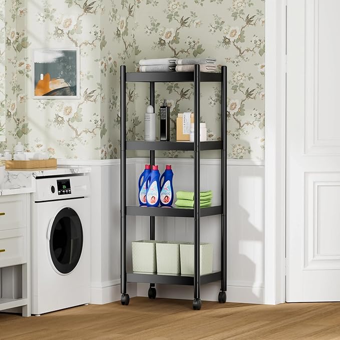 VETALLO 4 Tier Metal Shelving Unit Storage Shelves Rack Utility Small Stand Shelf Cart Organizer On Wheel for Home Kitchen,Garage,Narrow Pantry,Closet,Laundry,Bathroom(15.7" L x 11.8" W x 41.7" H)