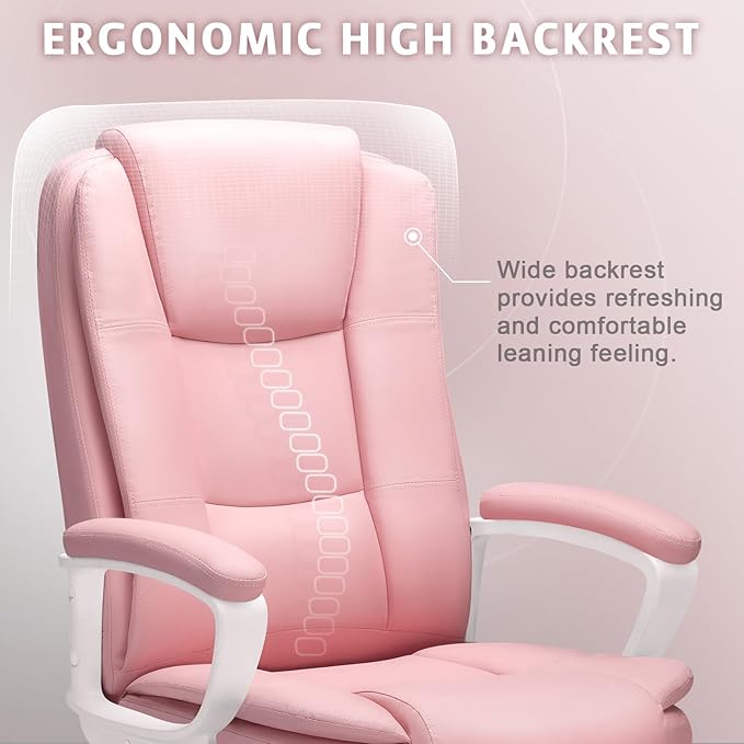 LEMBERI Pink Office Desk Chair, Big and Tall Managerial Executive Chair, High Back Computer Chair, Ergonomic Adjustable Height PU Leather Chairs with Cushions Armrest for Long Time Sitting