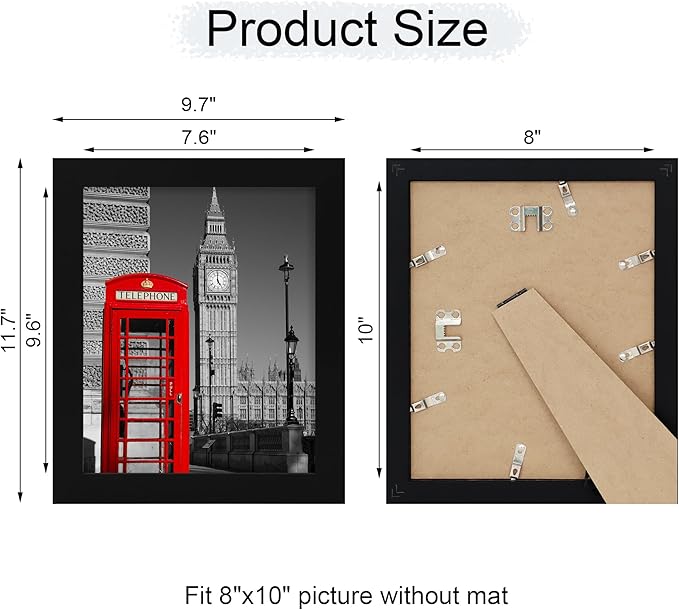 8x10 Picture Frame Set of 4, High Definition Glass Black Picture Frame, 8 x 10 Wood Rustic Photo Frames for Horizontal or Vertical Table Top and Wall Mounting