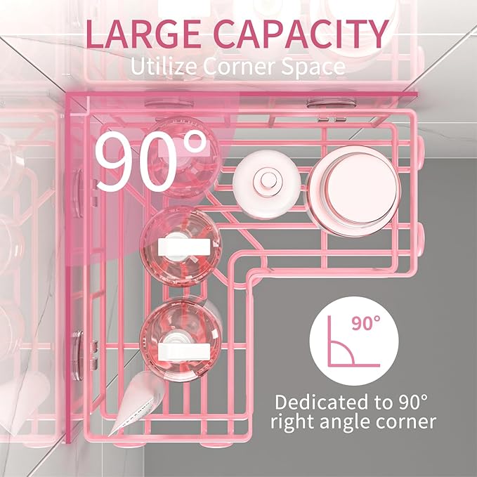 Adhesive Corner Shower Caddy - No Drilling Shower Shelves-Rustproof, Organizer for Bathroom with Soap Holder. Pink