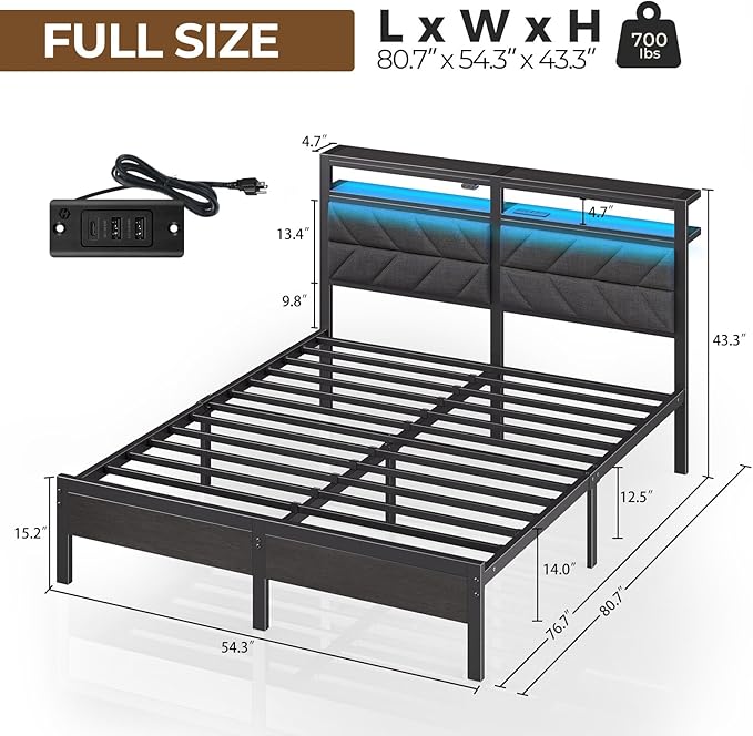 Seventable Bed Frame Full Size with Charging Station, LED Bed with Upholstered Storage Headboard, Metal Platform Bed with Under Bed Storage, No Box Spring Needed, Noise Free, Easy Assembly, Grey