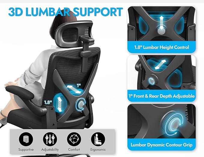 Ergonomic Office Chair - Mesh Desk Chair with Adjustable Lumbar Support High Back Computer Gaming Chairs - Big and Tall Office Chairs Adults, Comfortable for Long Hours, Black